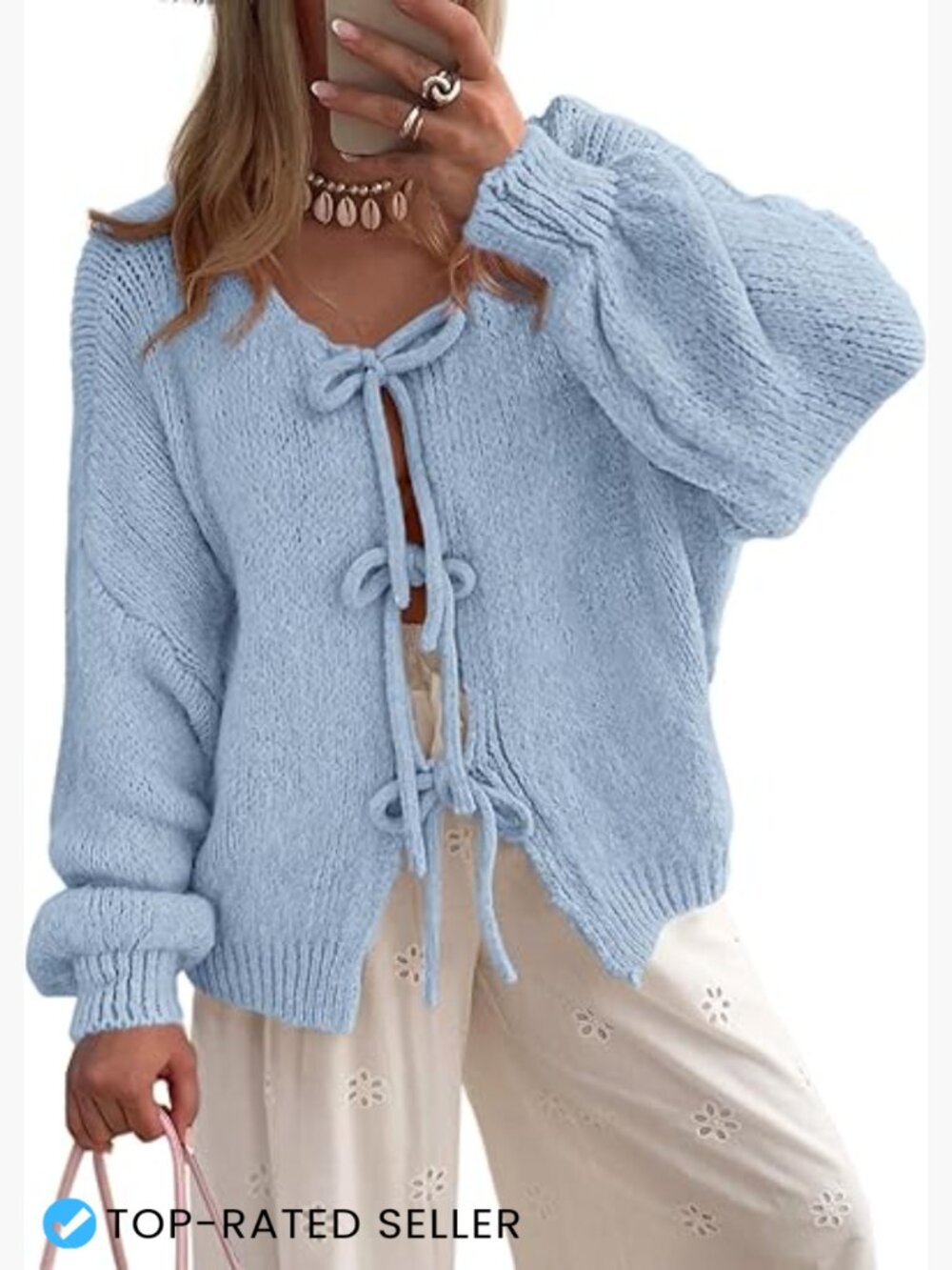 Chunky Knit Tie Front Cardigan Oversized Puff Sleeve Sweater Jacket Trendy Fall